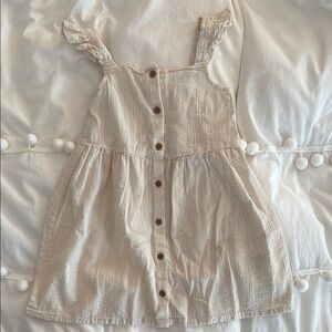 Cream Button-Down Dress with Ruffle Straps and wooden buttons